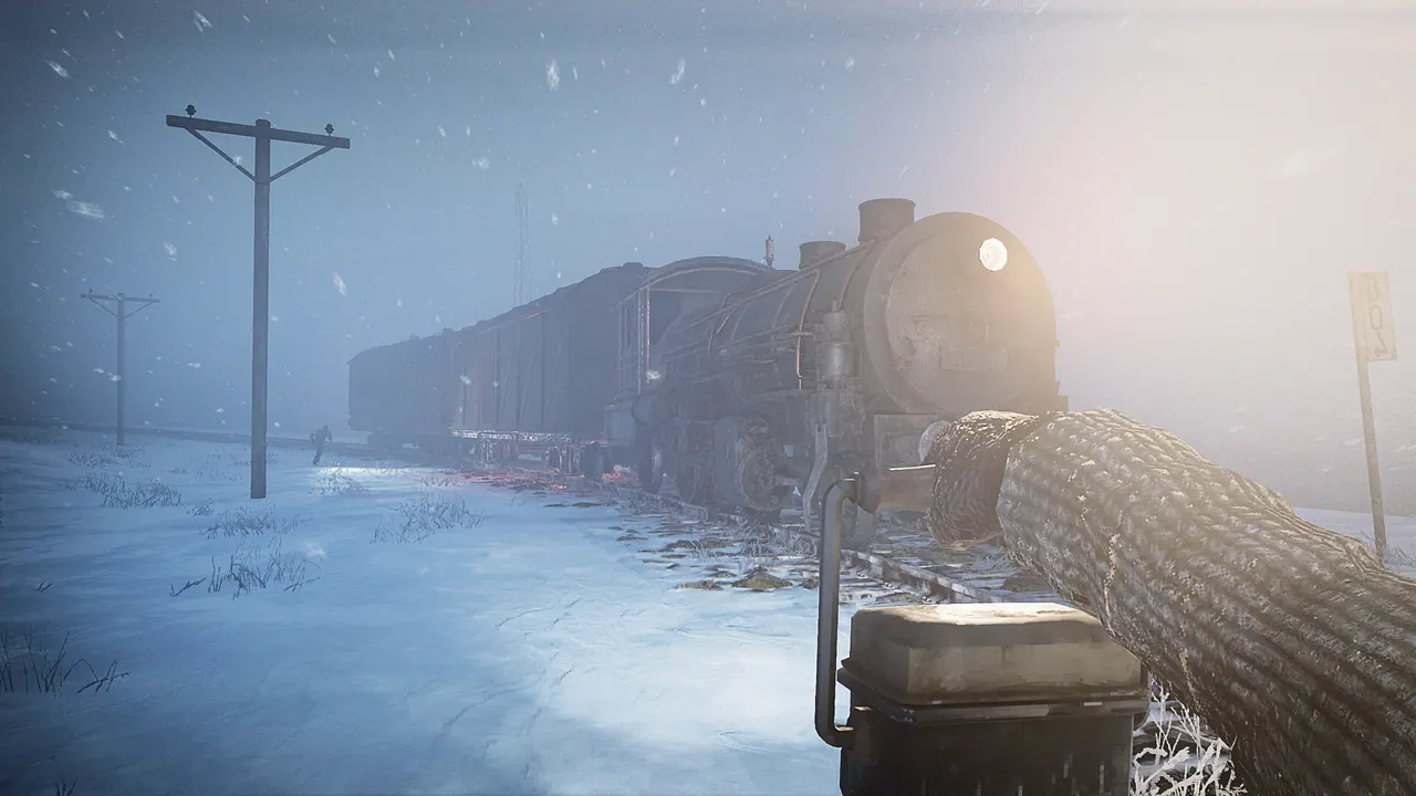 Frostrail locomotive traveling through a frozen forest